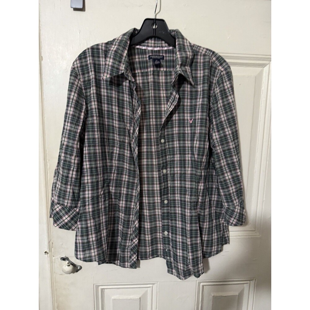 American Eagle Women’s 12 Green Pink Plaid Button Down Shirt Cotton Preppy
